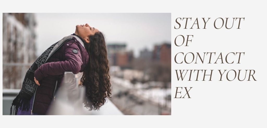 alt= "a woman with long hair and 'stay out of contact' from break up "